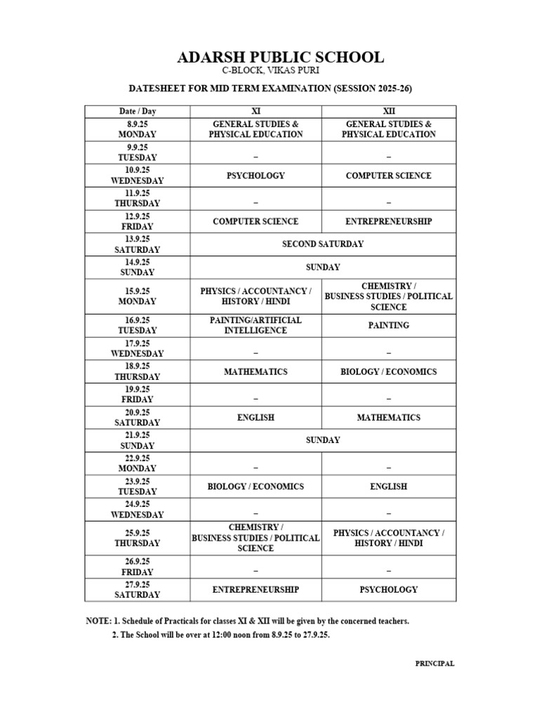 Mid Term Exam Datesheet 2025-26 | PDF