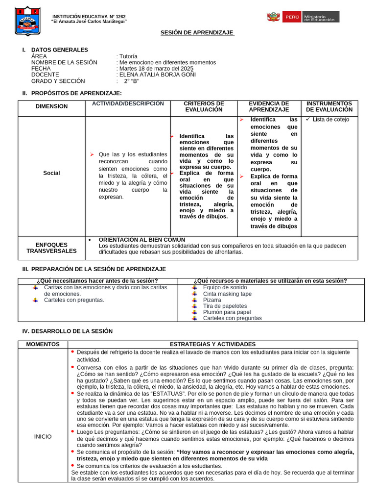 UNID 1 SEM 1 SESION TUT - Me Emociono en Diferentes Momentos | PDF ...