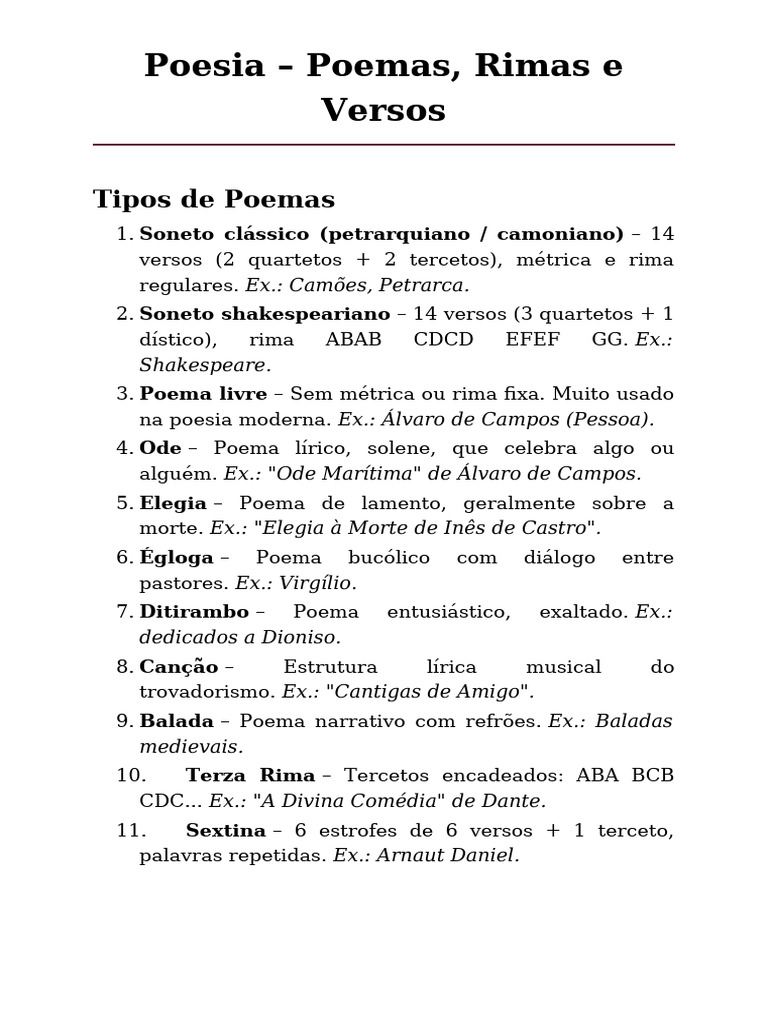 Tipos de Poemas e Suas Estruturas | PDF | Sonetos | Poesia