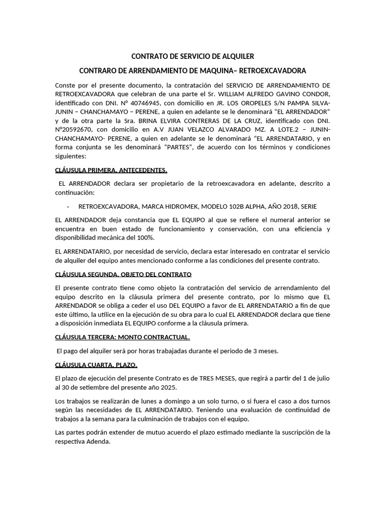 Contrato de Alquiler de Retroexcavadora | PDF | Daños y perjuicios