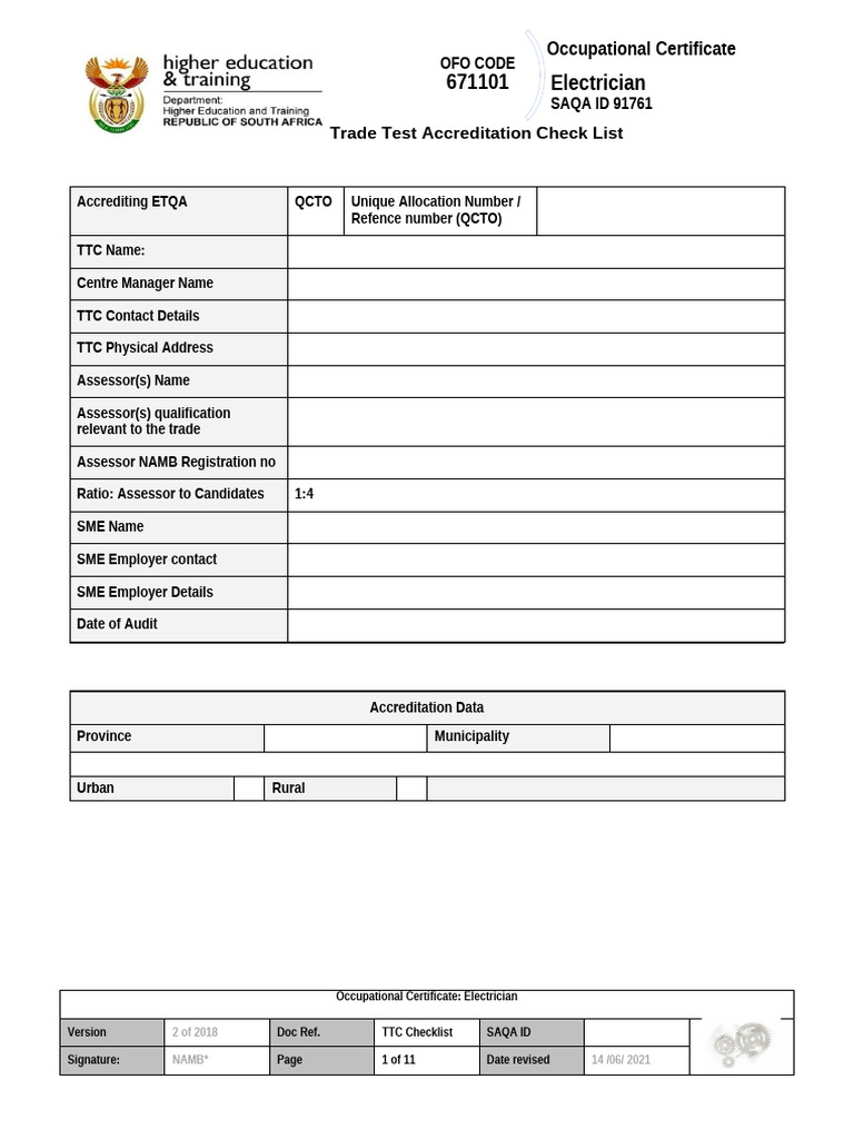 Trade Test Accreditation Checklist for Electricians | PDF | Electrician ...