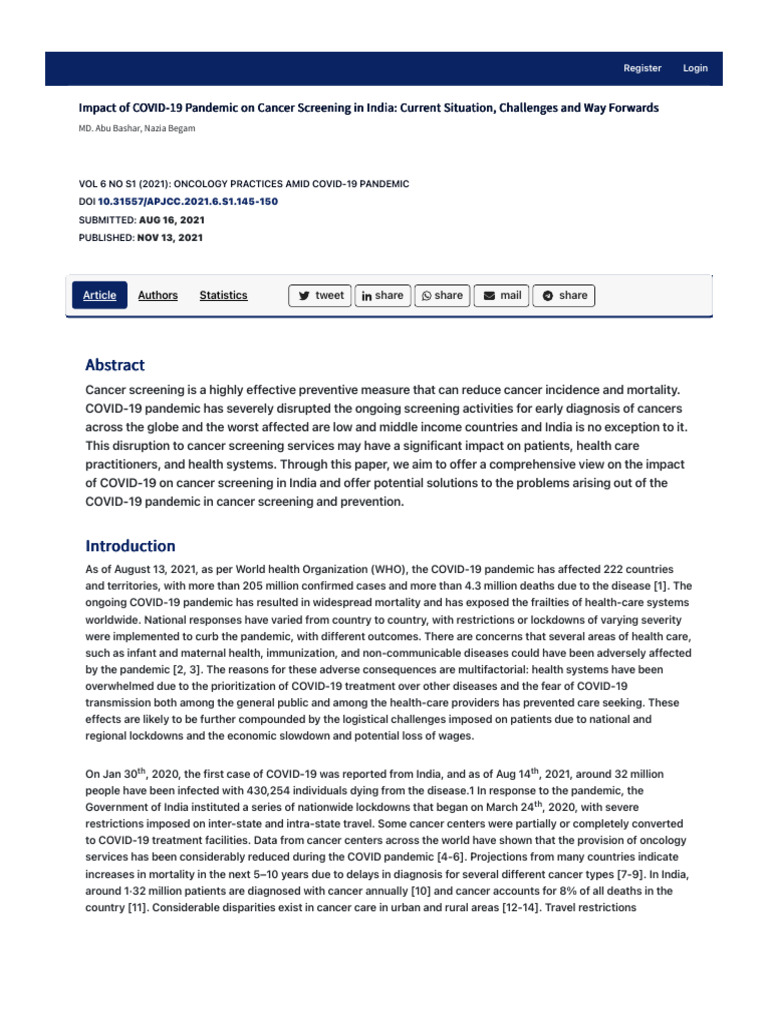 Impact of COVID-19 Pandemic On Cancer Screening in India - Current ...