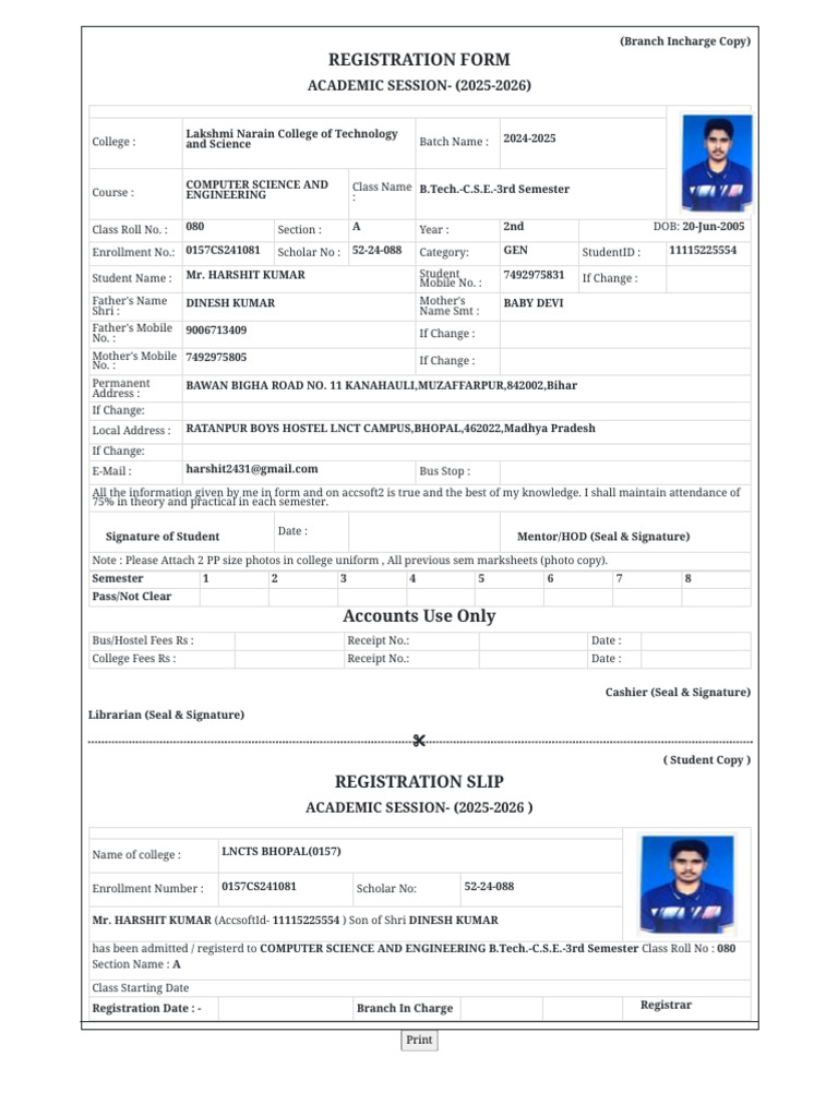 B.Tech CSE Registration Form 2025-2026 | PDF