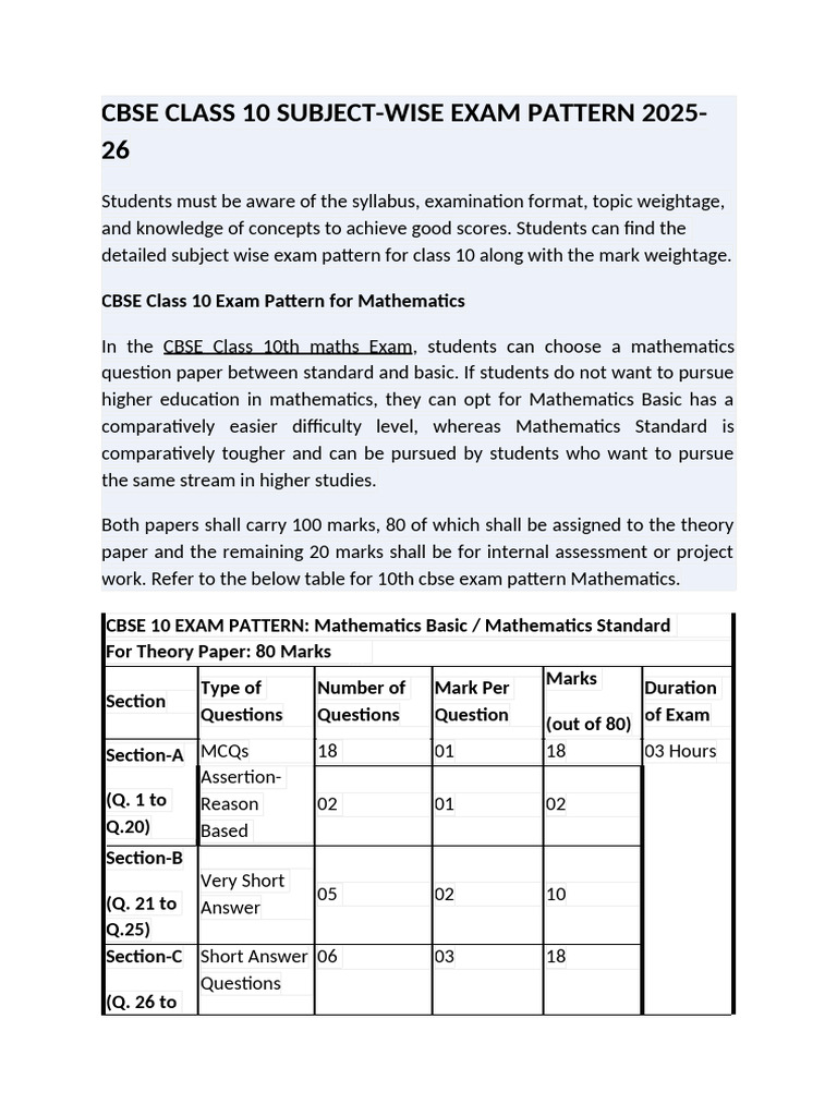 CBSE Class 10 Exam Pattern Overview | PDF | Reading Comprehension ...