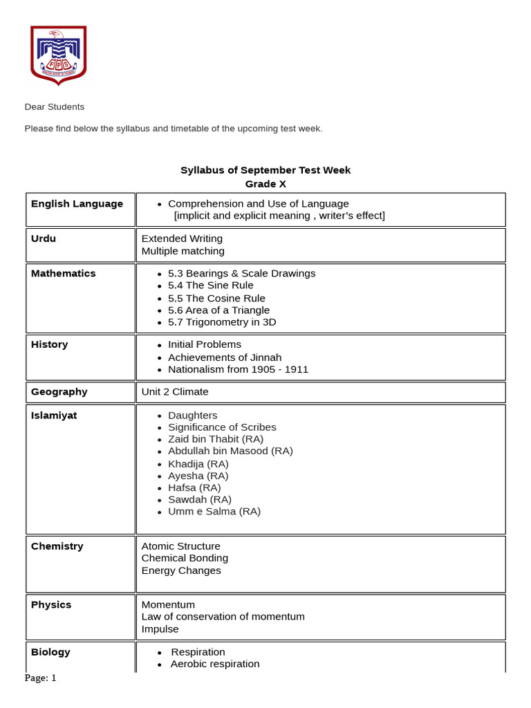 Grade X - Test Week Syllabus and Timetable | PDF | Mathematics | Equations