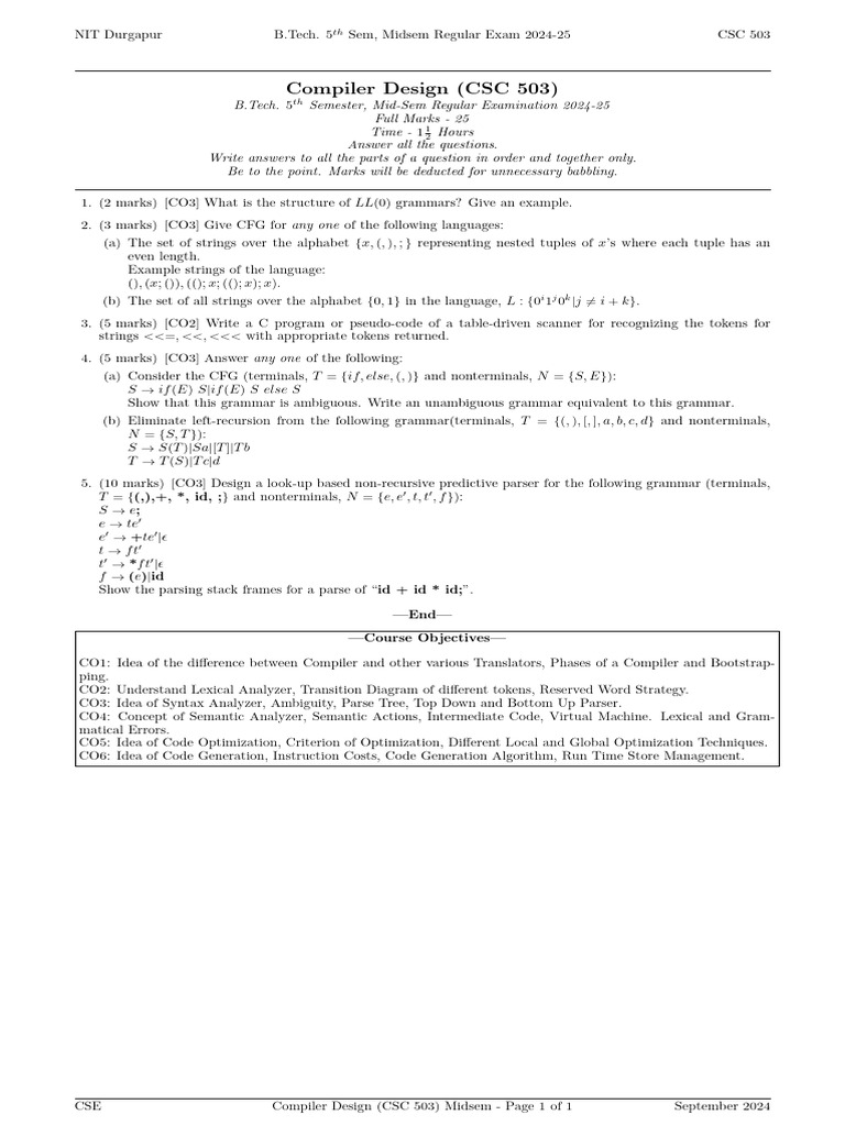 Compiler Design Midsem Exam 2024-25 | PDF | Formalism (Deductive) | Grammar