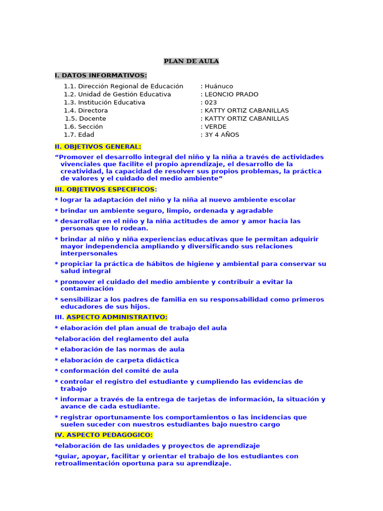 Plan de Aula para Niños de 3 a 4 Años | PDF | Salón de clases | Evaluación