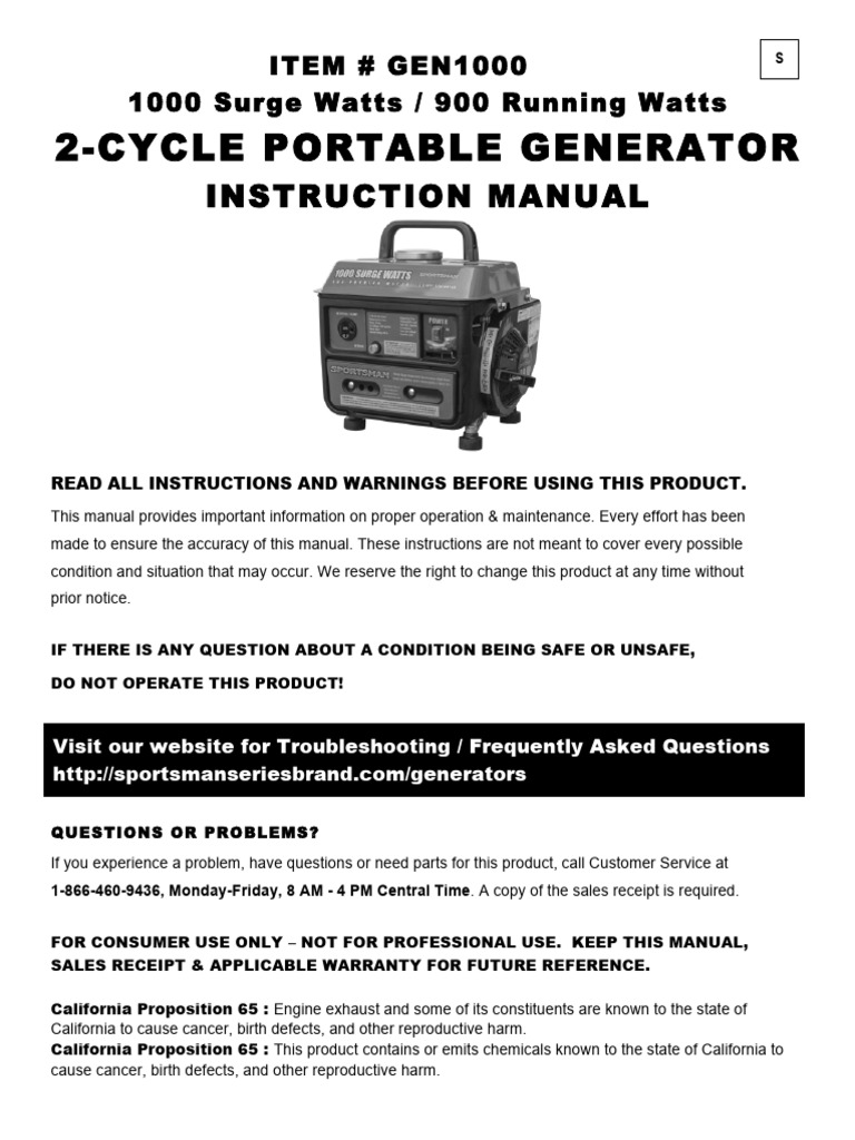 GEN1000 Portable Generator Manual | PDF | Engines | Fuels