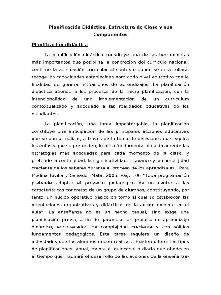 Planificacion Didactica Estructura de Clase y Sus Componentes | PDF ...