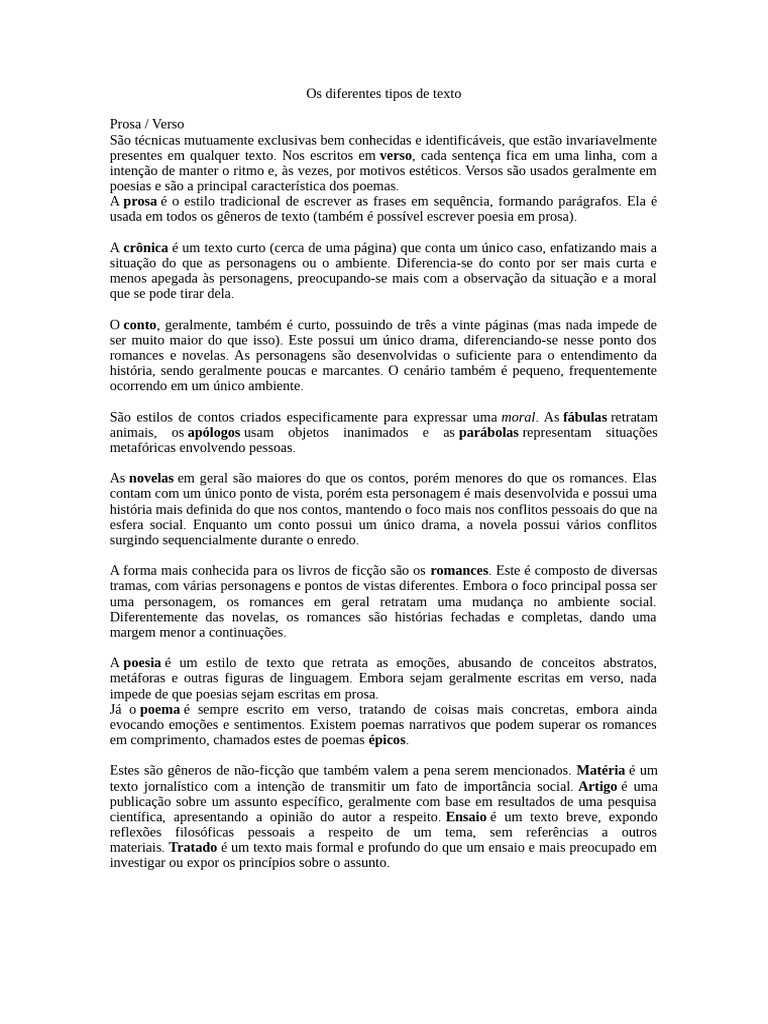Tipos de Texto: Prosa e Verso Explicados | PDF | Prosa | Contos