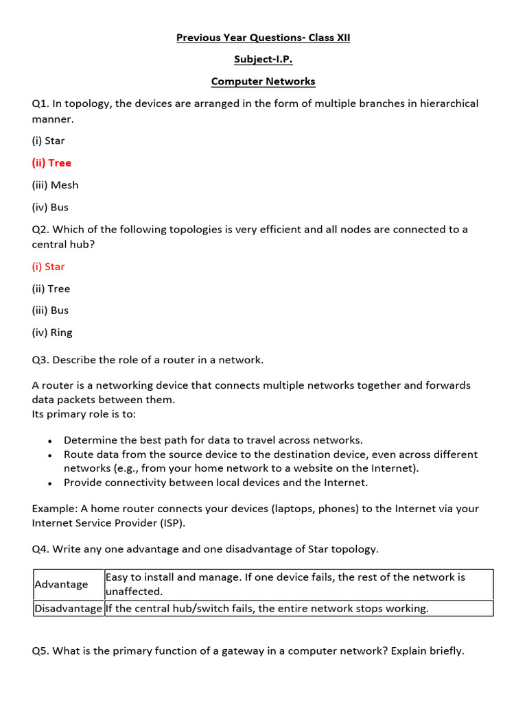 Class XII Computer Networks Q&A Guide | PDF | Computer Network | Router ...