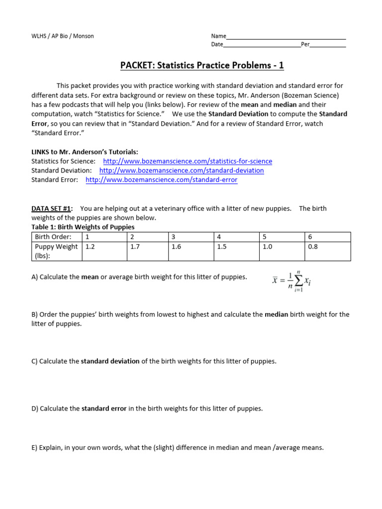 Statistics Practice Problems: Standard Error | PDF | Standard Error ...