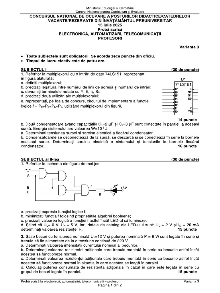 Subiecte 2025 Titularizare Electronica Si Automatizari | PDF
