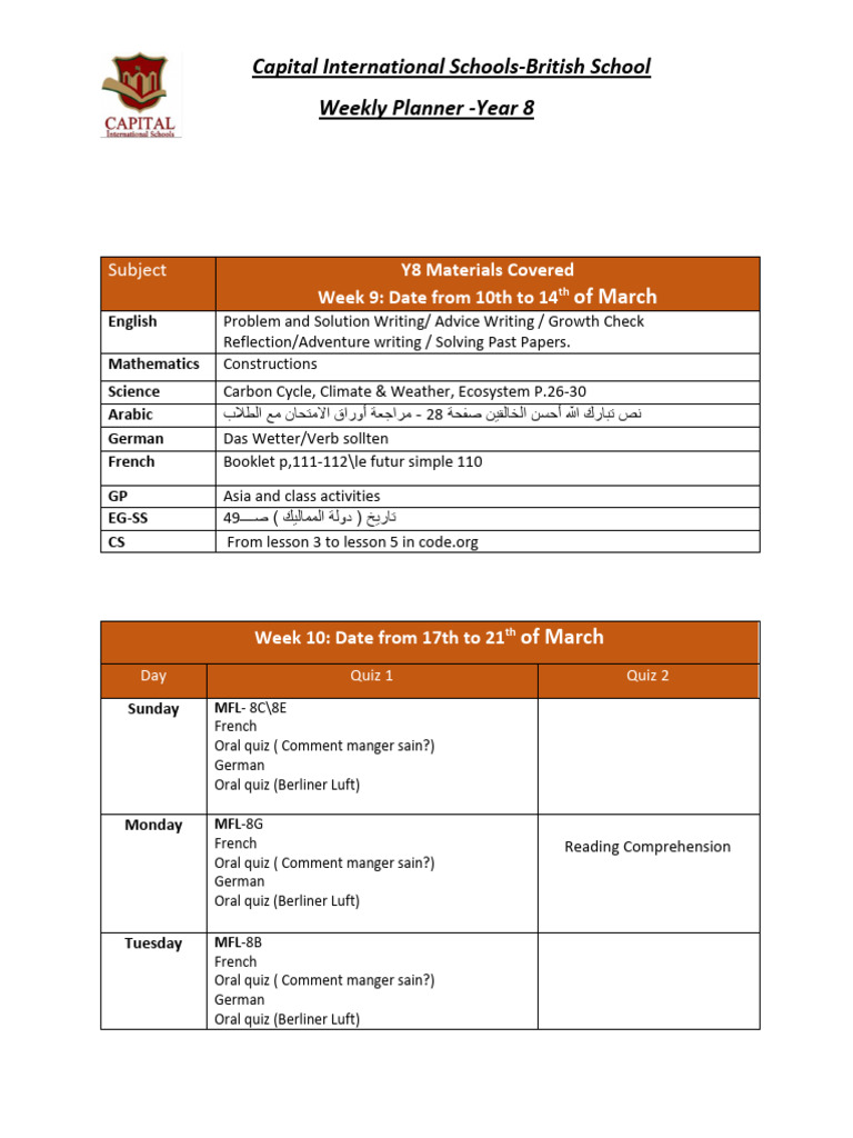 Weekly Planner Week 9 10-14th March Y8 2 | PDF