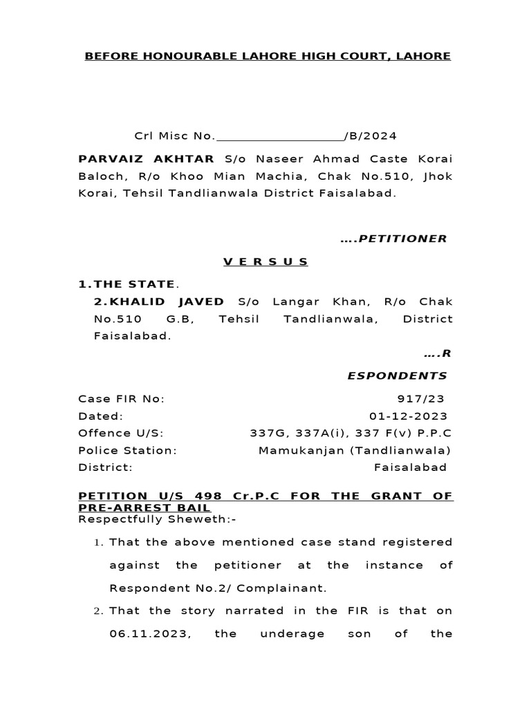 Pre-Arrest Bail Petition in Lahore Case | PDF | Bail | Crime & Violence