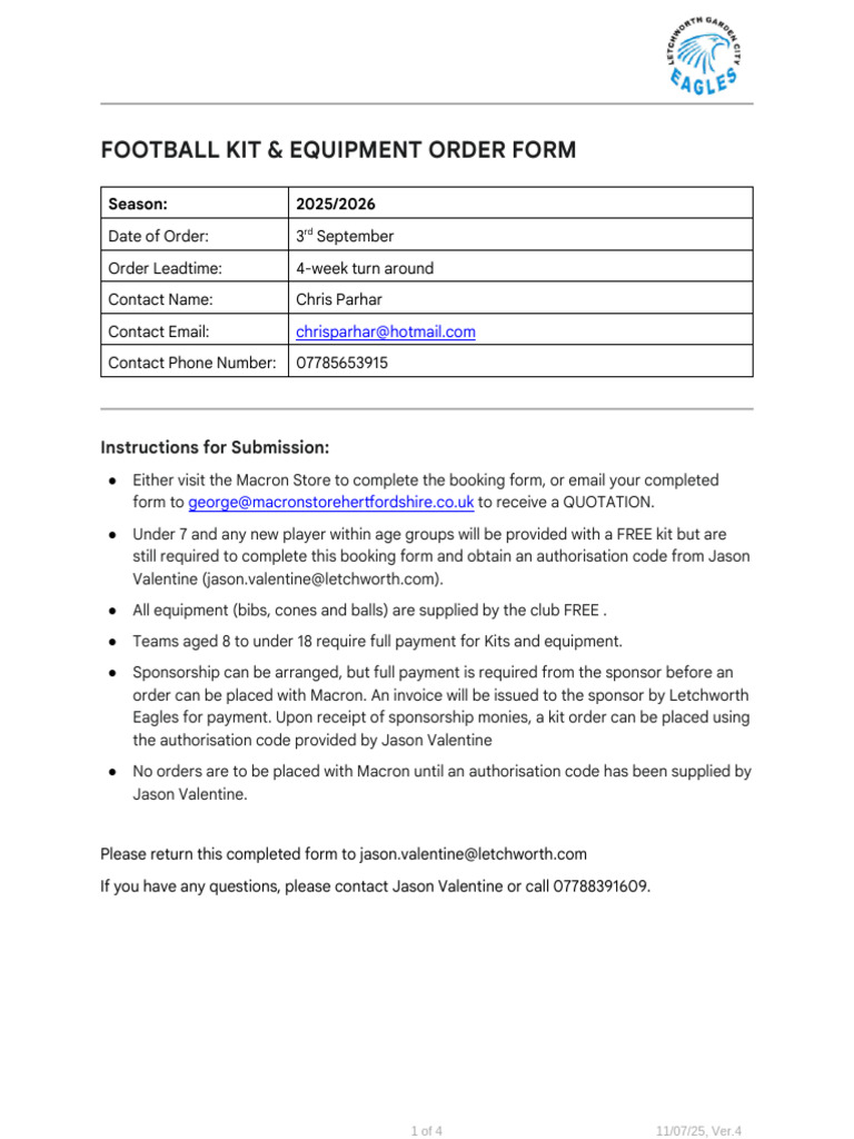 Football Kit Order Form 2025/2026 | PDF