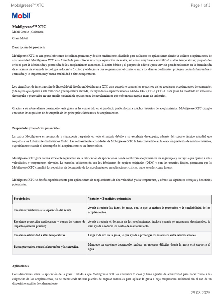 Mobilgrease XTC: Grasa para Acoplamientos | PDF | Lubricante | Exxon Mobil