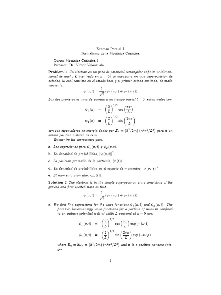 Mecánica Cuántica: Examen Parcial 1 | PDF | Funciones y mapeos | Física