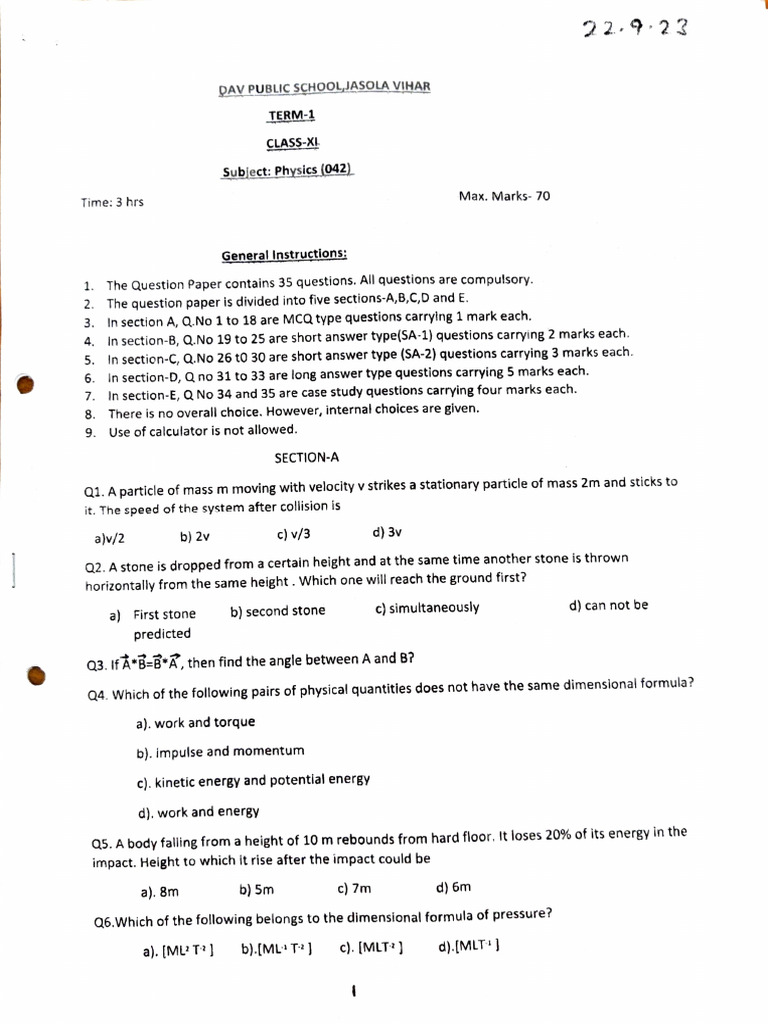 Physics Class XI Term 1 2023-24 | PDF | Collision | Force