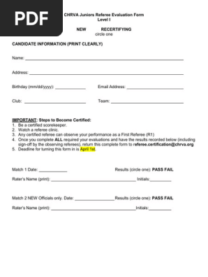 Football Referee Observation Checklist