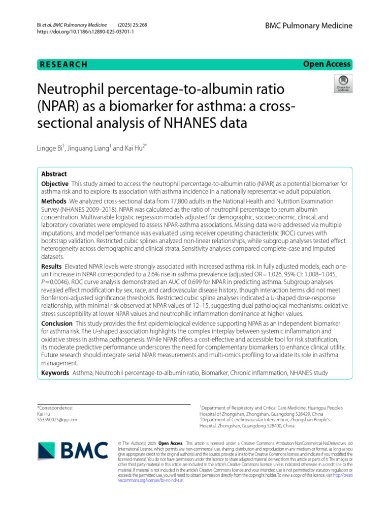 NPAR as Asthma Risk Biomarker Analysis | PDF | Asthma | Biomarker