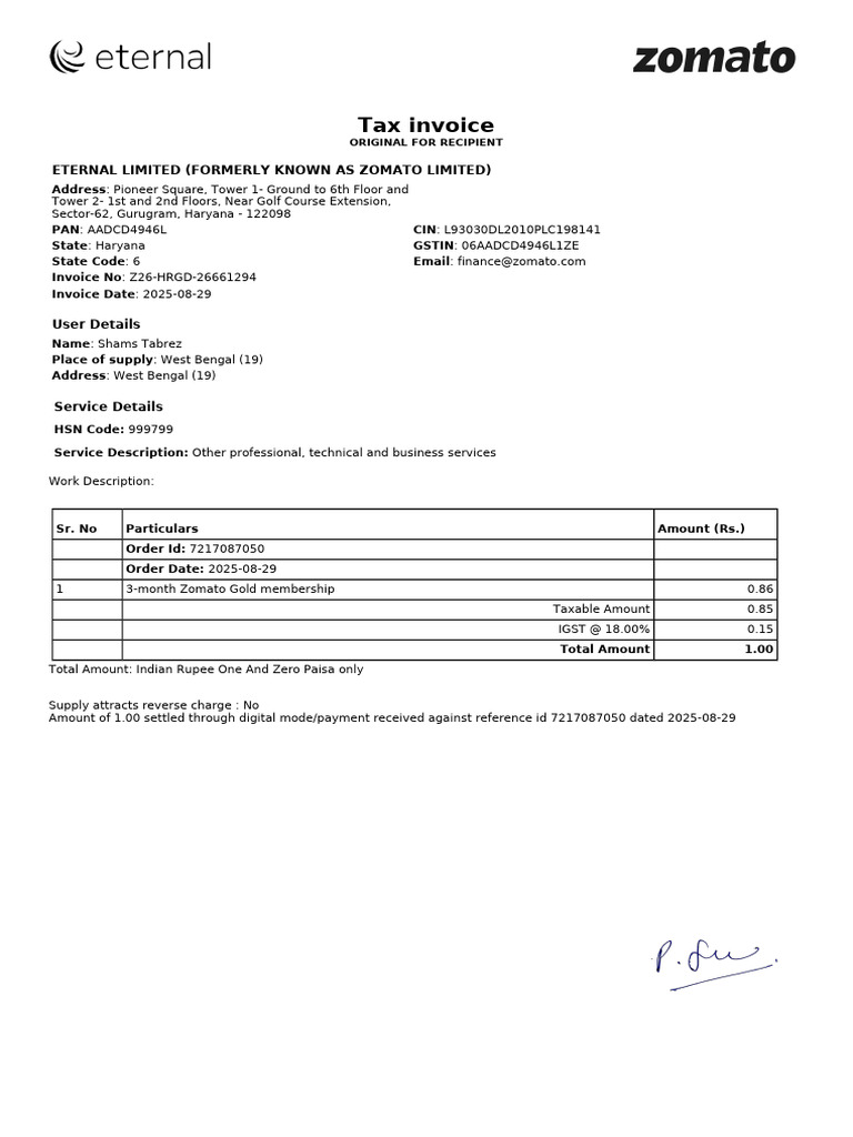 Zomato Invoice for Gold Membership | PDF | Invoice | Payments