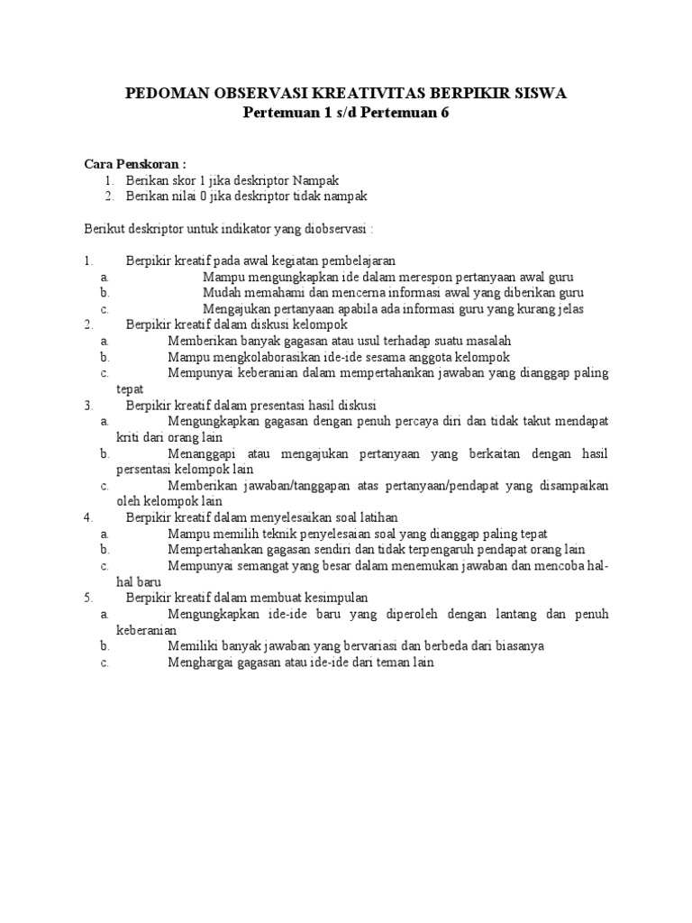 Pedoman Observasi Kreativitas Berpikir Siswa Pertemuan 1 s 