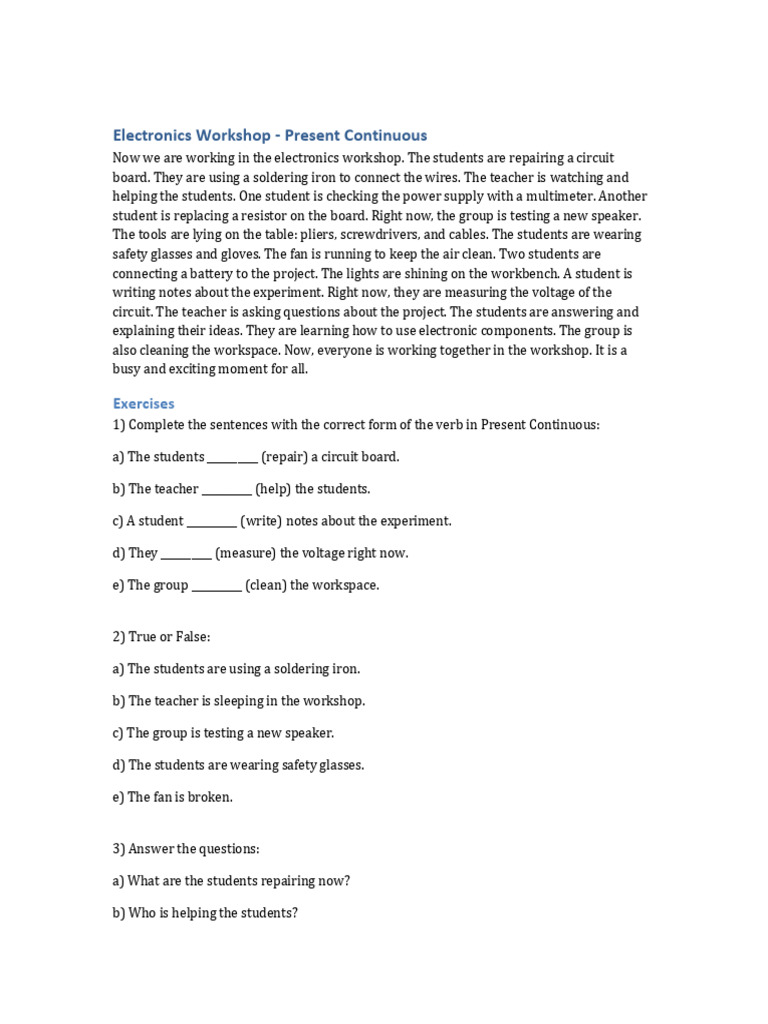 Electronics Workshop Present Continuous | PDF