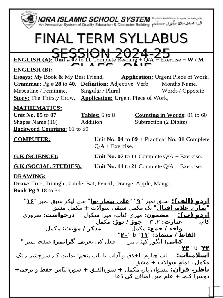 Syllabus 1 Class 1st Term 2025-26 | PDF