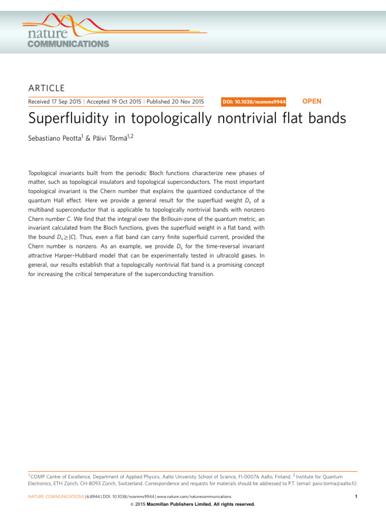Superfluidity in Topologically Nontrivial Flat Bands | PDF |  Superconductivity | Hamiltonian (Quantum Mechanics)