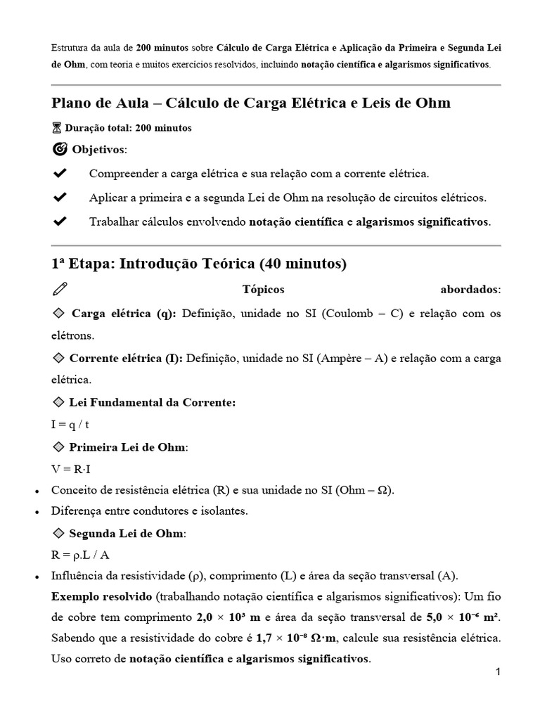 Aula de Cálculo de Carga Elétrica e Leis de Ohm | PDF | Eletricidade ...