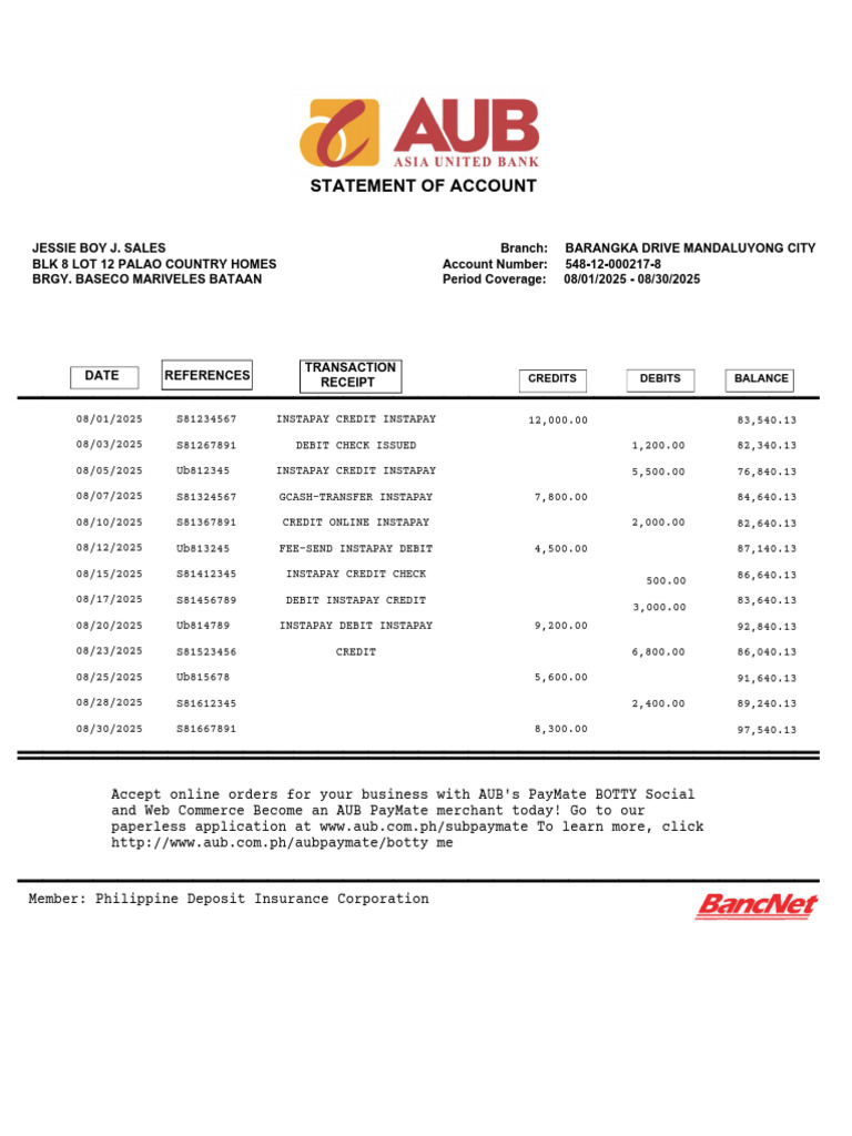 AUB Account Statement Sample | PDF | Debit Card | Debits And Credits