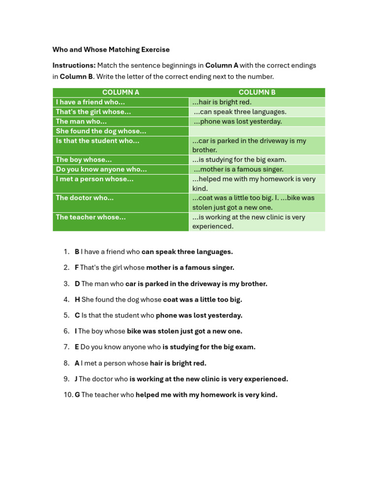 Who and Whose Matching Exercise | PDF