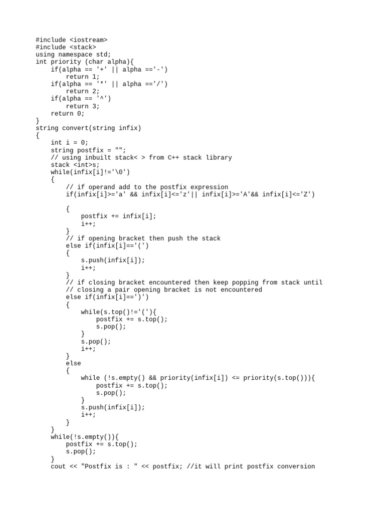 Infix to Postfix Conversion in C++ | PDF