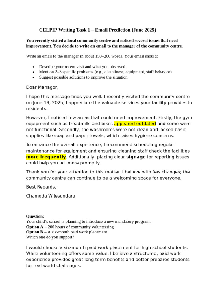 CELPIP Writing Task 1 Email Samples | PDF | Employment | Business