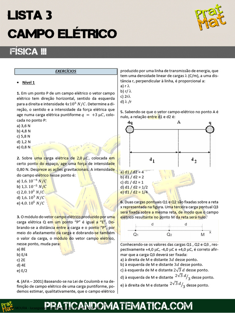 Exercícios de Campo Elétrico - Física III | PDF | Campo elétrico | Pêndulo