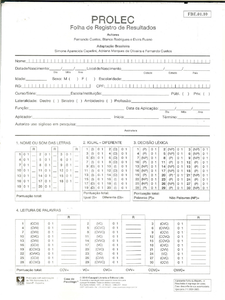 Registro de Resultados do PROLEC | PDF