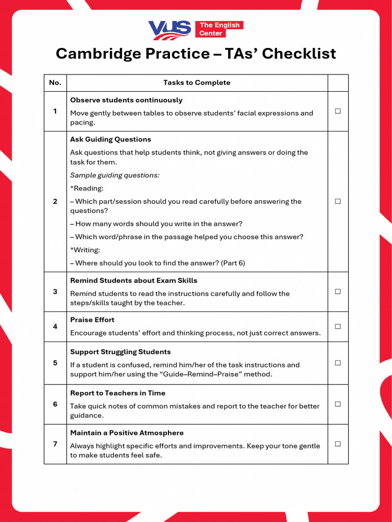 TA SK Plus Checklist For Cambridge Practice Sessions | PDF