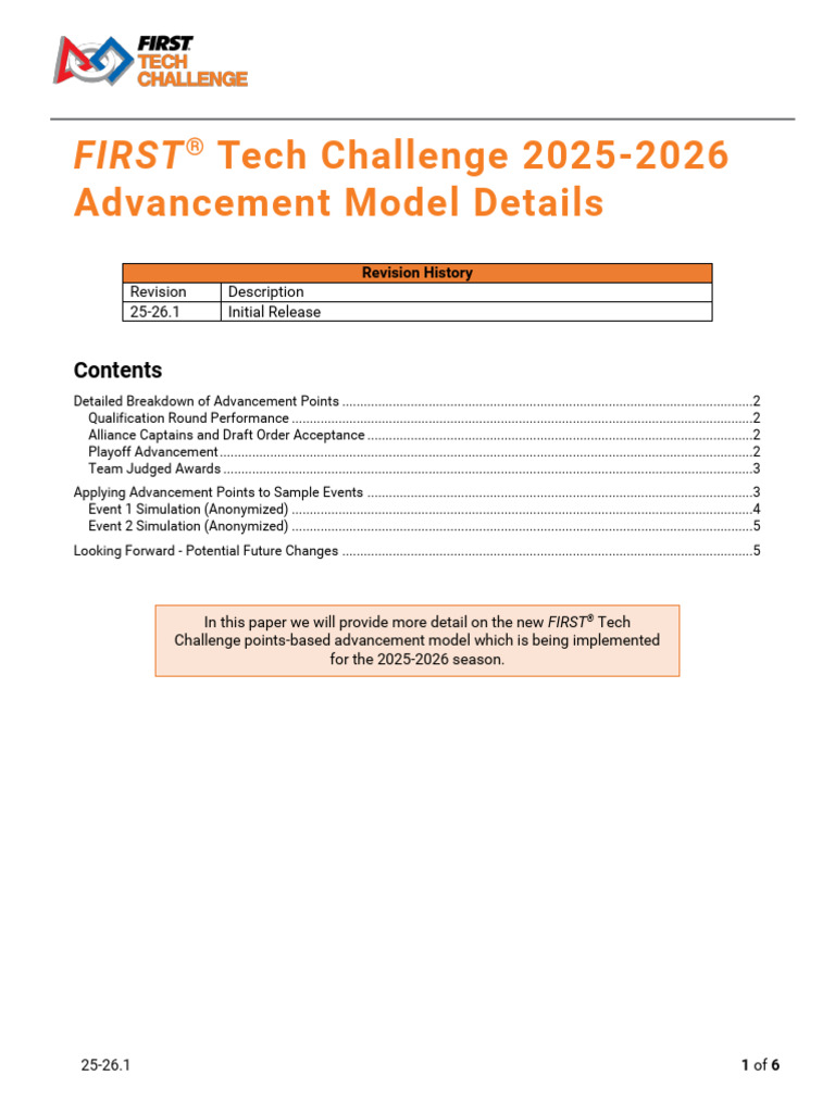 FIRST Tech Challenge 2025-2026 Advancement Model | PDF