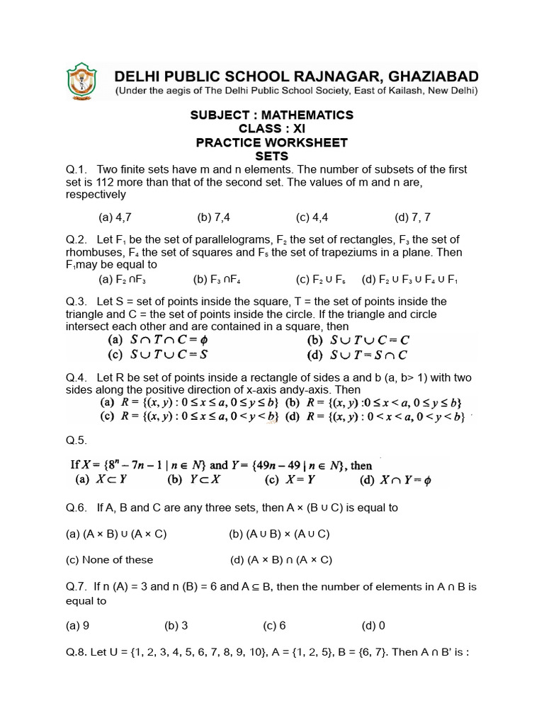 Class XI Mathematics Sets Worksheet | PDF