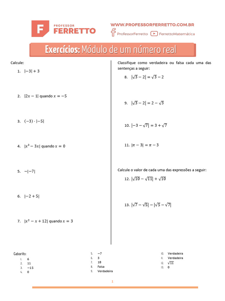 Exercícios sobre Módulo de Números Reais | PDF