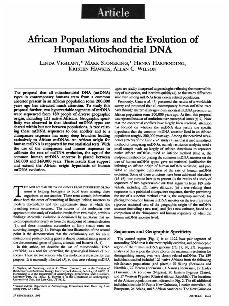 African Populations and The Evolution of Human Mitochondrial DNA | PDF ...