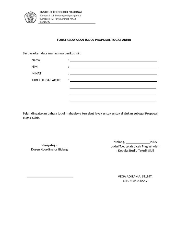 Form Kelayakan Judul Tugas Akhir ITN | PDF