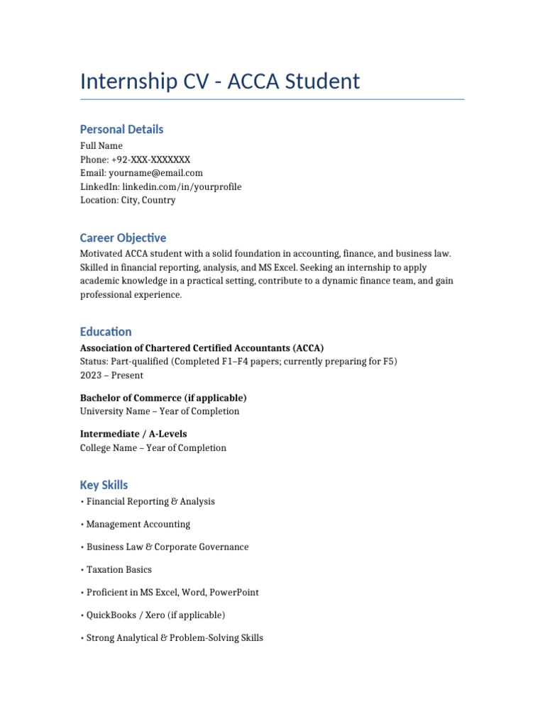 ACCA Student Internship CV Template | PDF