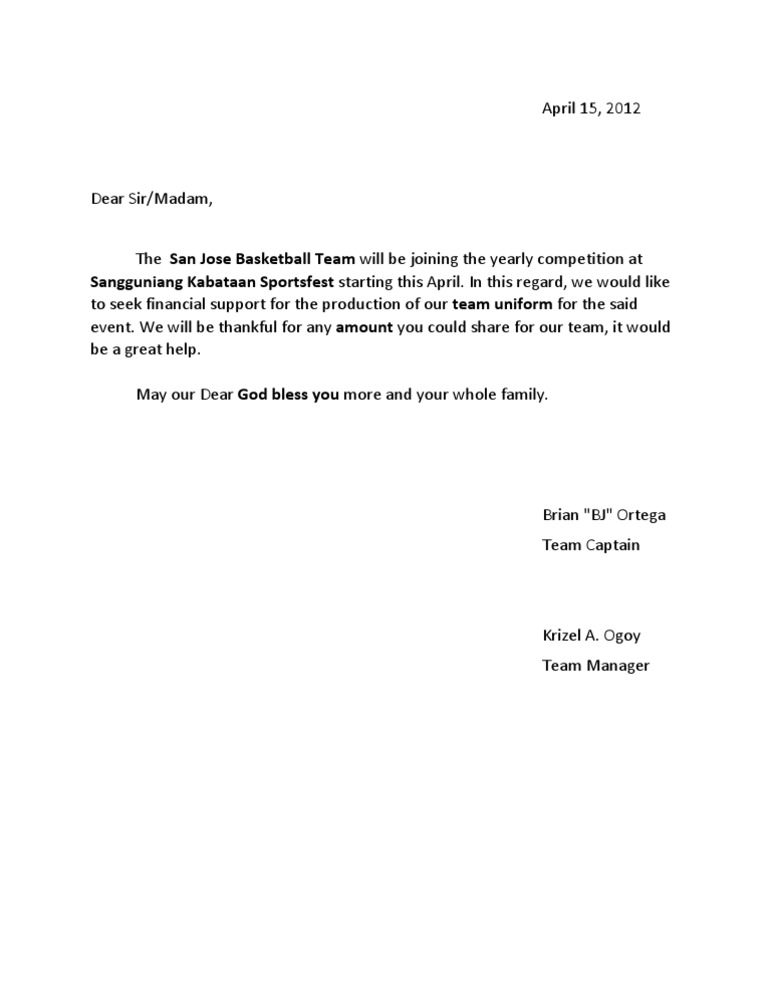 Basketball League Solicitation Letter Sample