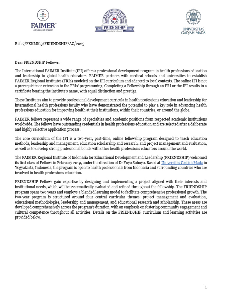 FAIMER FRIENDSHIP Fellowship Program Overview | PDF | Curriculum | Learning