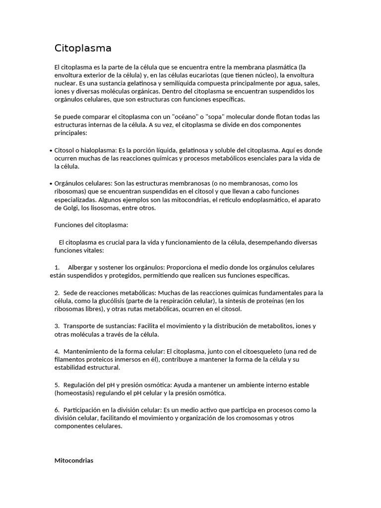 Estructura y funciones del citoplasma celular | PDF | Citoplasma ...