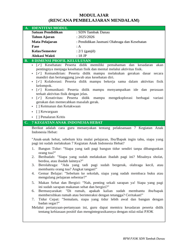 Modul Ajar PJOK Kelas 2 Semester 1 | PDF