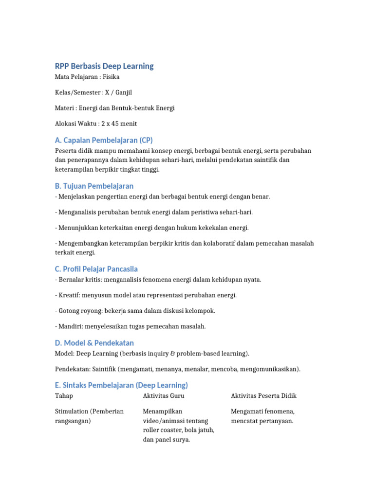 RPP Deep Learning Fisika Kelas X | PDF