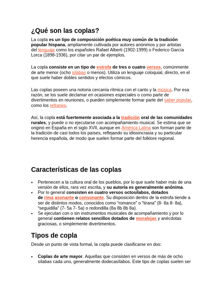 Características y tipos de coplas | PDF